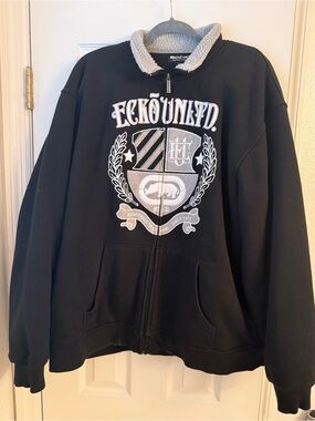 Ecko Unlimited Black Zip-Up Hoodie with Gray Sherpa Collar Vintage
